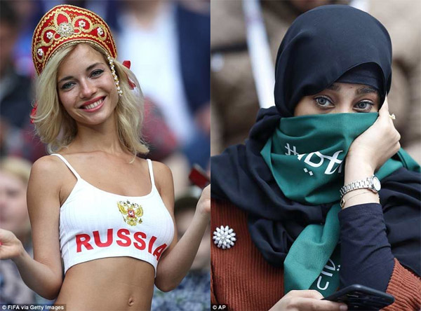 В сети сравнили футбольных фанаток России и Саудовской Аравии