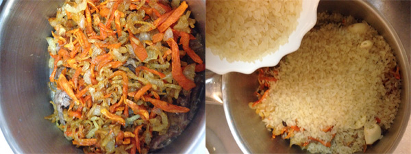 Обжарить лук и морковь до золотого цвета, переложить в казан с тушенкой и рисом и залить водой