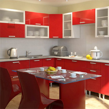 Кухонный гарнитур красного цвета в интерьере