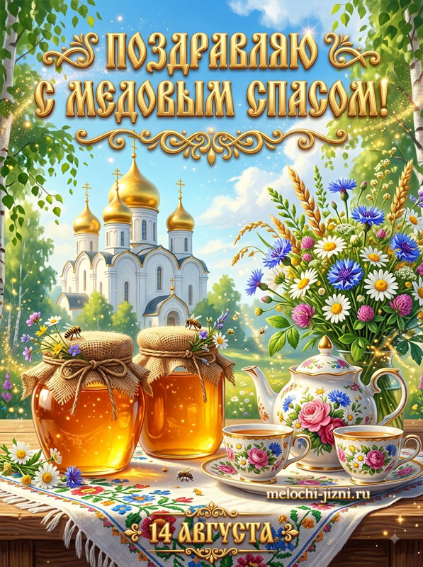 Чаепитие и храм: открытка поздравление с Медовым Спасом