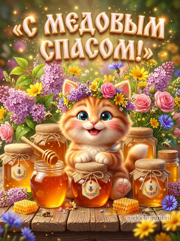 Открытка с Медовым Спасом: милый котенок