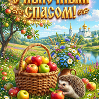 Открытка С Яблочным Спасом — ёжик и корзина