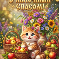 Открытка С Яблочным Спасом — котенок среди яблок
