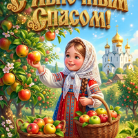 Открытка С Яблочным Спасом — девочка с яблоками