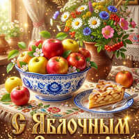 Открытка С Яблочным Спасом с вазой и пирогом