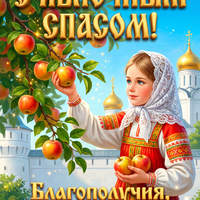 Открытка С Яблочным Спасом — девушка в сарафане