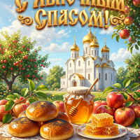 Открытка С Яблочным Спасом — булочки, мед, храм