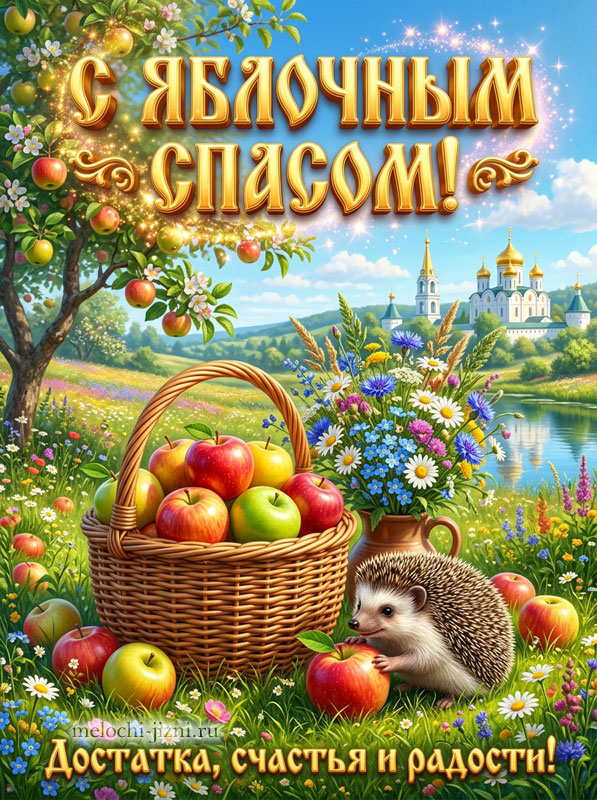 Открытка С Яблочным Спасом — ёжик и корзина