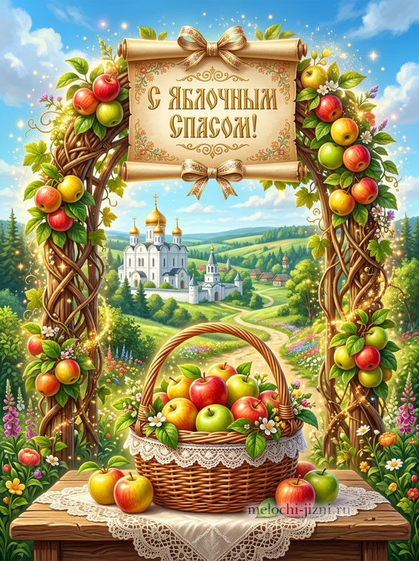 Открытка С Яблочным Спасом — арка и корзина