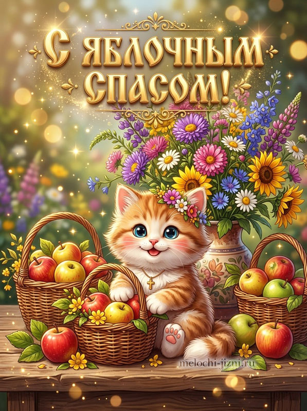 Открытка С Яблочным Спасом — котенок среди яблок