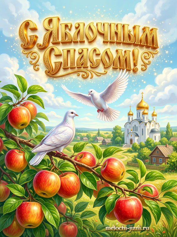 Открытка С Яблочным Спасом — голуби и храм