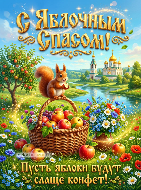 Открытка С Яблочным Спасом — белочка и корзина