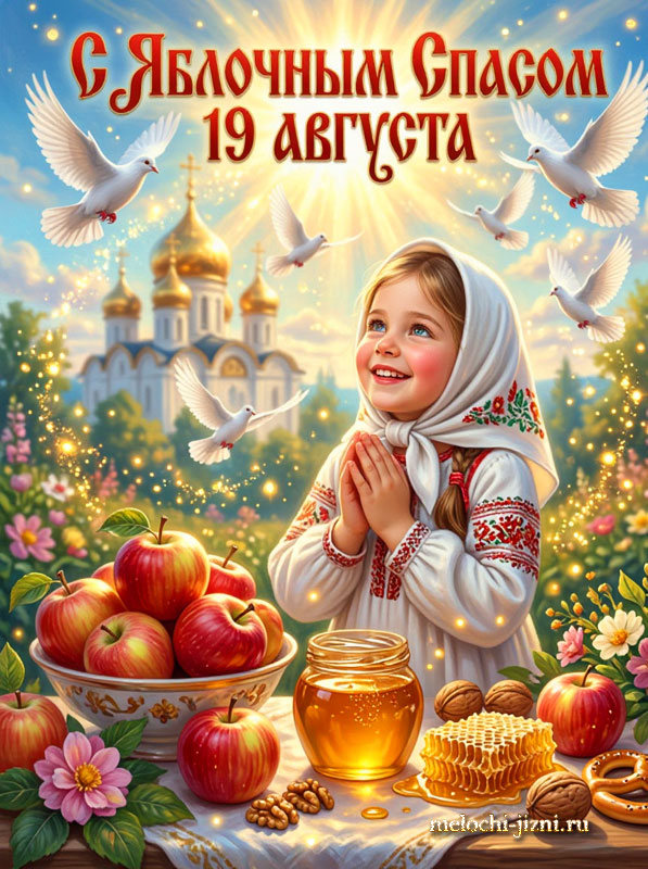 Открытка С Яблочным Спасом — девочка и голуби