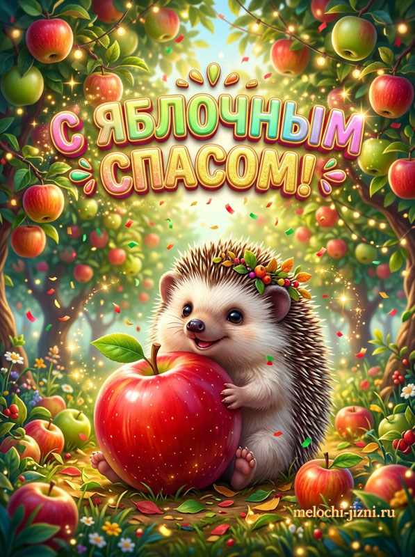 Открытка С Яблочным Спасом — ёжик с яблоком