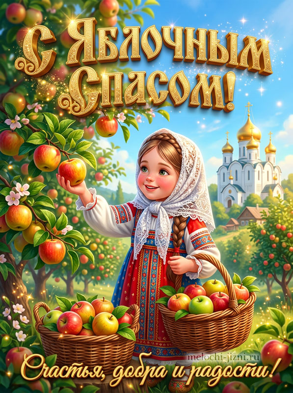 Открытка С Яблочным Спасом — девочка с яблоками