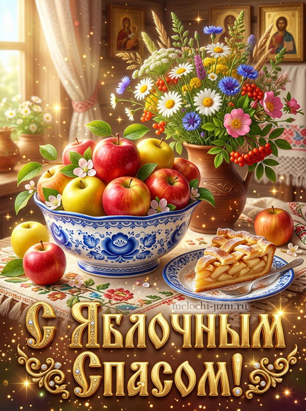 Открытка С Яблочным Спасом с вазой и пирогом