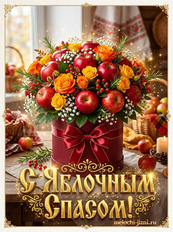 Открытка С Яблочным Спасом — цветы и яблоки