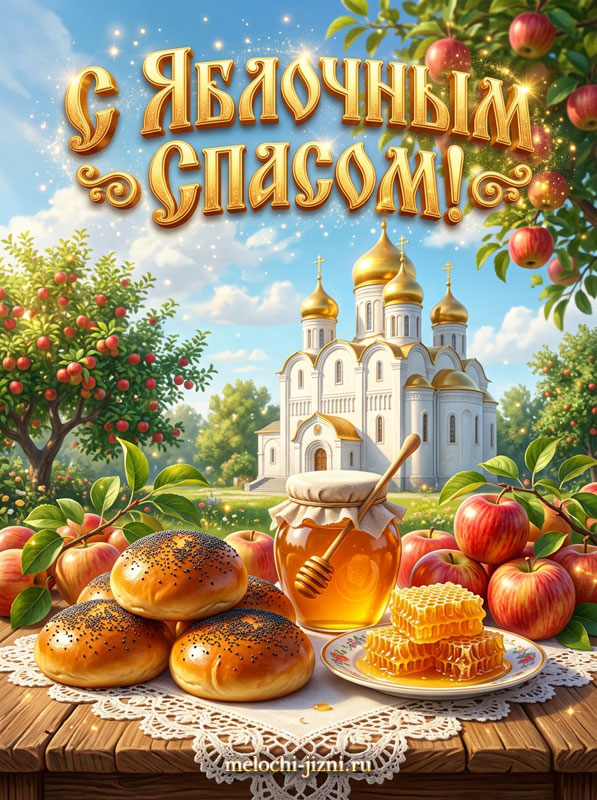 Открытка С Яблочным Спасом — булочки, мед, храм