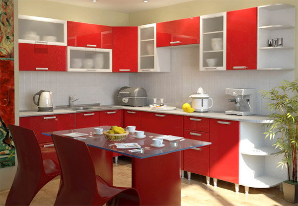 Кухонный гарнитур красного цвета в интерьере