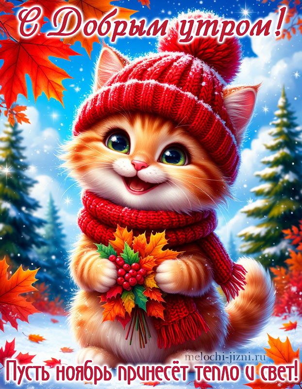 Красивая картинка с добрым утром ноября, картинка с котиком, с пожеланием пусть ноябрь принесет тепло и свет