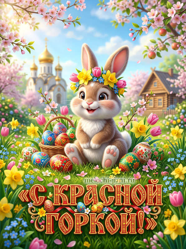 Картинка Красная горка скачать бесплатно, открытка с кроликом и корзиной пасхальных яиц