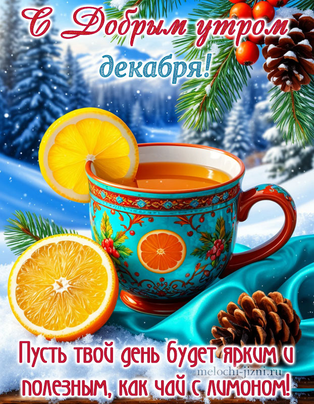 доброе утро картинки зима декабрь, открытка с пожеланием пусть день будет ярким и полезным как чай с лимоном