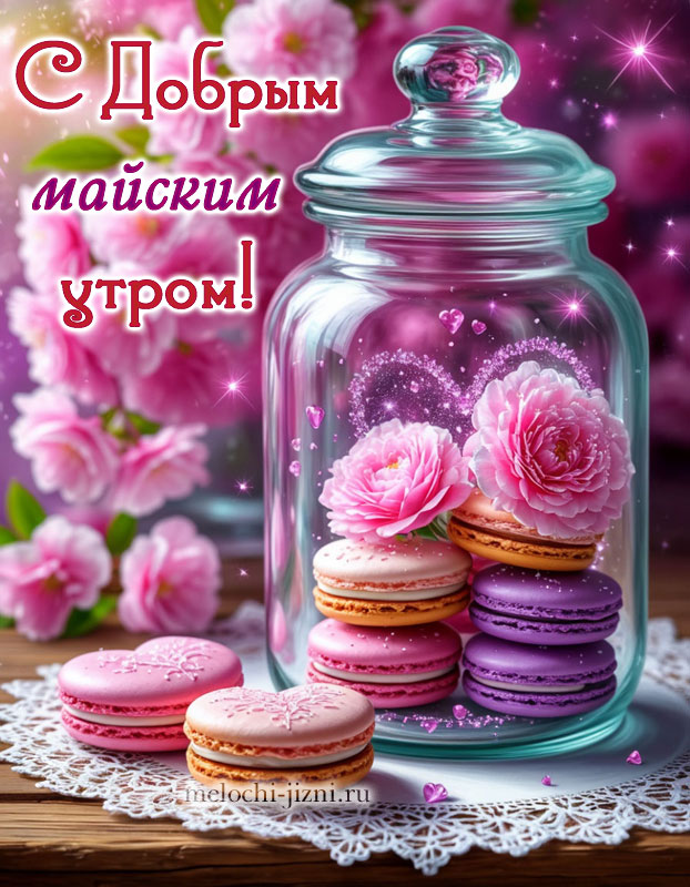 Открытка с добрым утром весенняя майская красивая, с печеньем макарунс