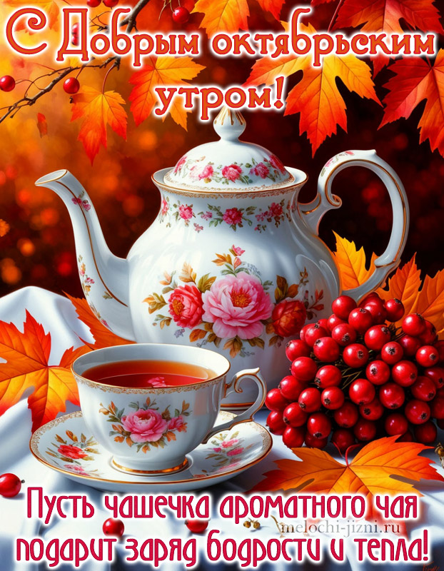 Октябрьское доброе утро картинка красивая с пожеланием: пусть чашечка ароматного чая подарит заряд бодрости и тепла