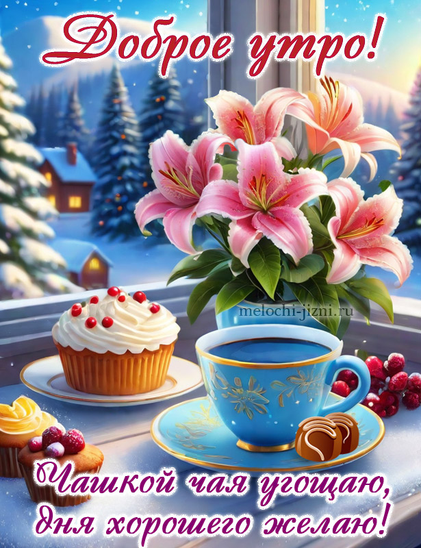 скачать открытку с добрым зимним утром, с пожеланием хорошего дня, чашкой чая угощаю