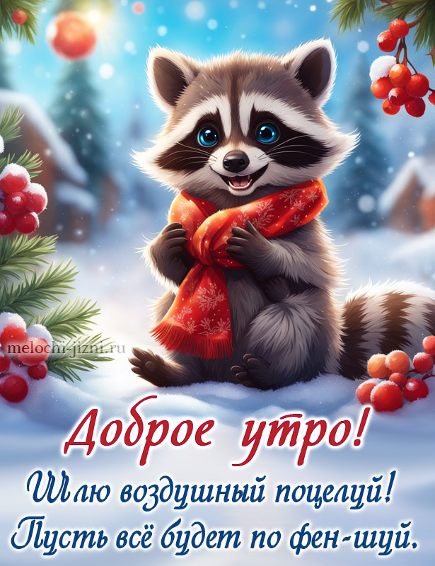 скачать бесплатно открытку доброе зимнее утро, с енотом, шлю воздушный поцелуй пусть все будет по фен шуй