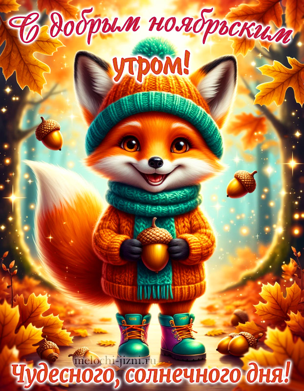 С добрым ноябрьским утром открытка бесплатно, картинка с пожеланием чудесного солнечного дня, с лисенком