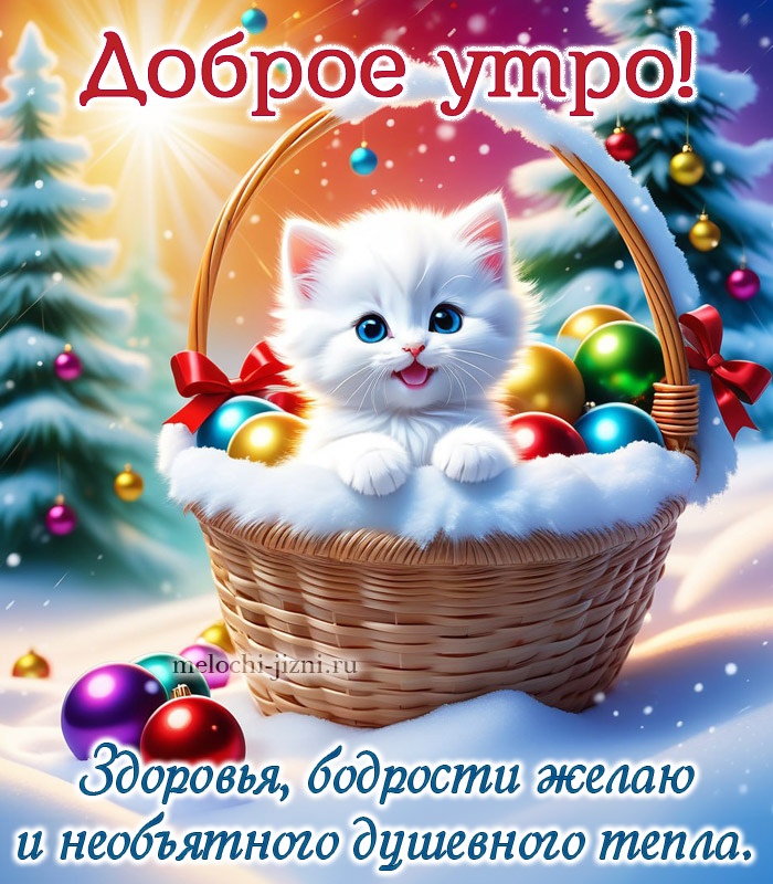 открытки с добрым утром зимние, с котиком, с пожеланием здоровья бодрости тепла