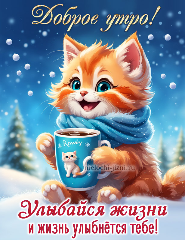 доброе утро зимняя картинка пожелания, с котиком, улыбайся жизни и жизнь улыбнется тебе