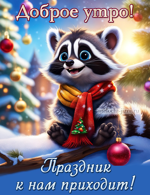 доброе зимнее утро картинки пожелания новые, с енотом, праздник к нам приходит