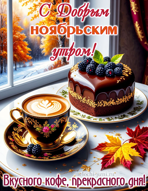 Красивая открытка с добрым ноябрьским утром, с пожеланием вкусного кофе, прекрасного дня, картинка с тортиком