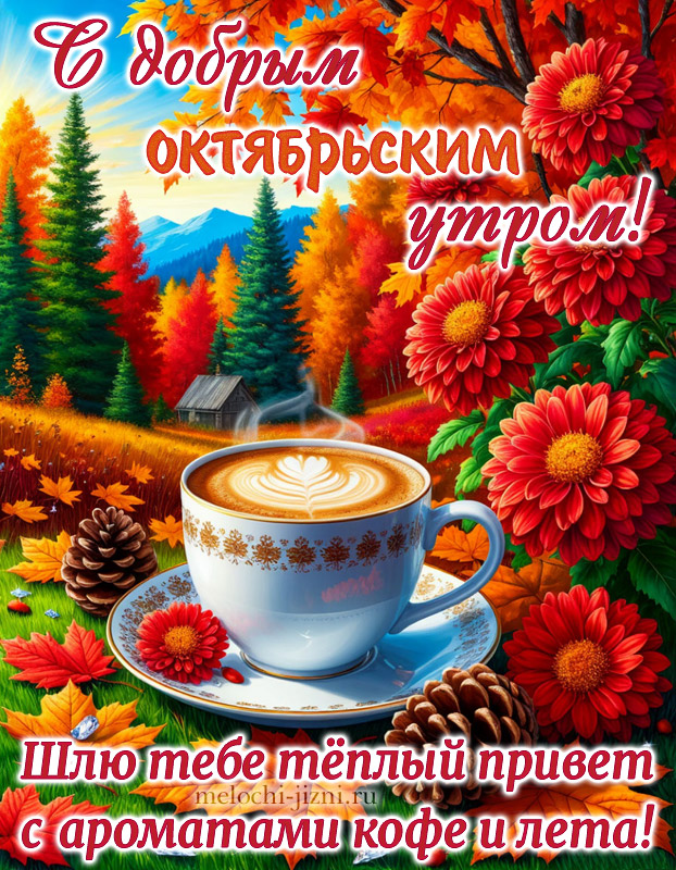 Доброе октябрьское утро картинка с пожеланием: шлю тебе теплый привет с ароматами кофе