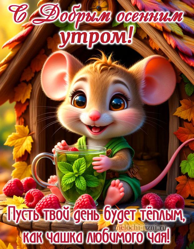 открытка с добрым утром осенняя с пожеланием: пусть твой день будет теплым как чашка любимого чая