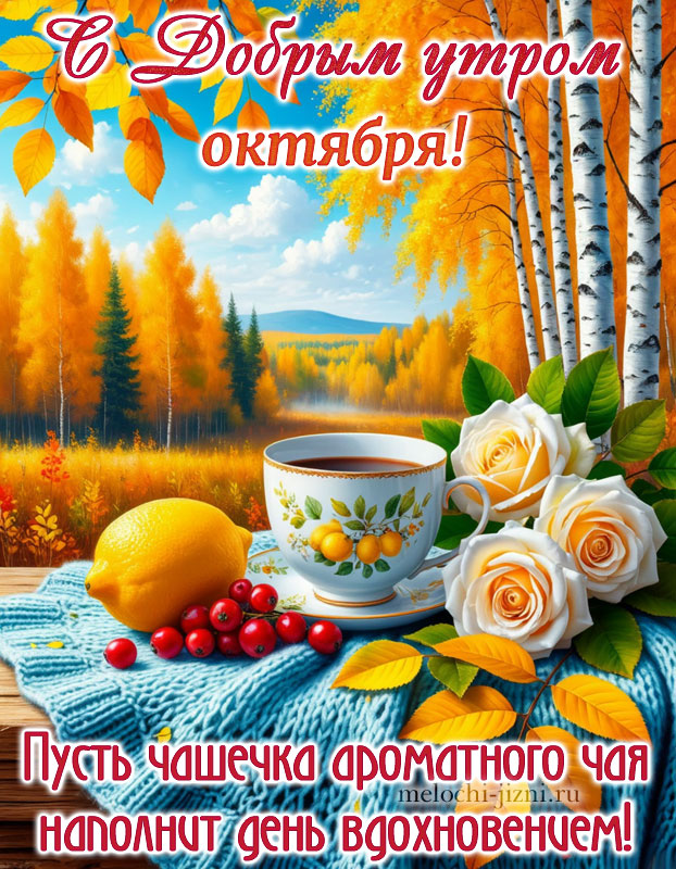 С добрым утром октября картинка бесплатно с пожеланием: пусть чашечка ароматного чая наполнит день вдохновением