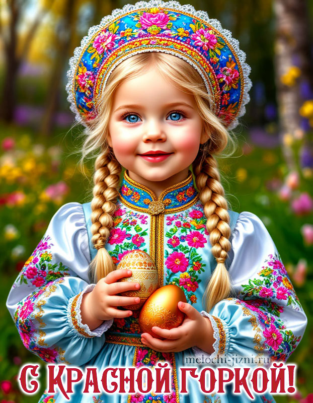 С Красной горкой картинка красивая, открытка с девочкой в народном костюме, скачать бесплатно
