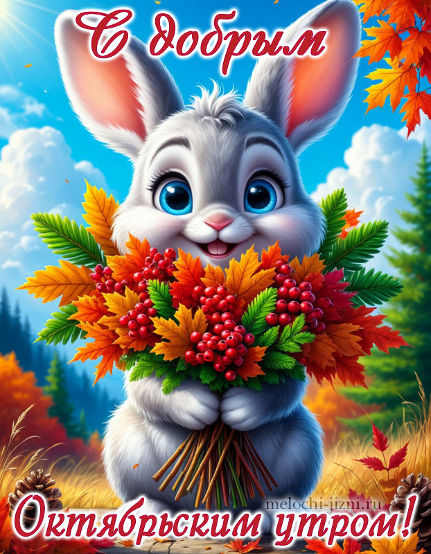 доброе октябрьское утро картинки скачать бесплатно, открытка с зайцем и букетом осенних цветов