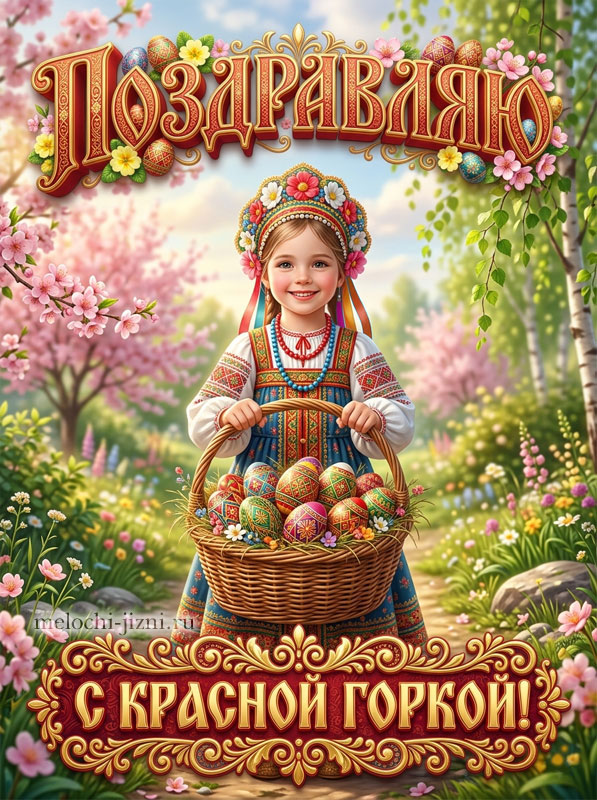 Открытка с Красной горкой скачать бесплатно, открытка с девочкой держащей корзину яиц