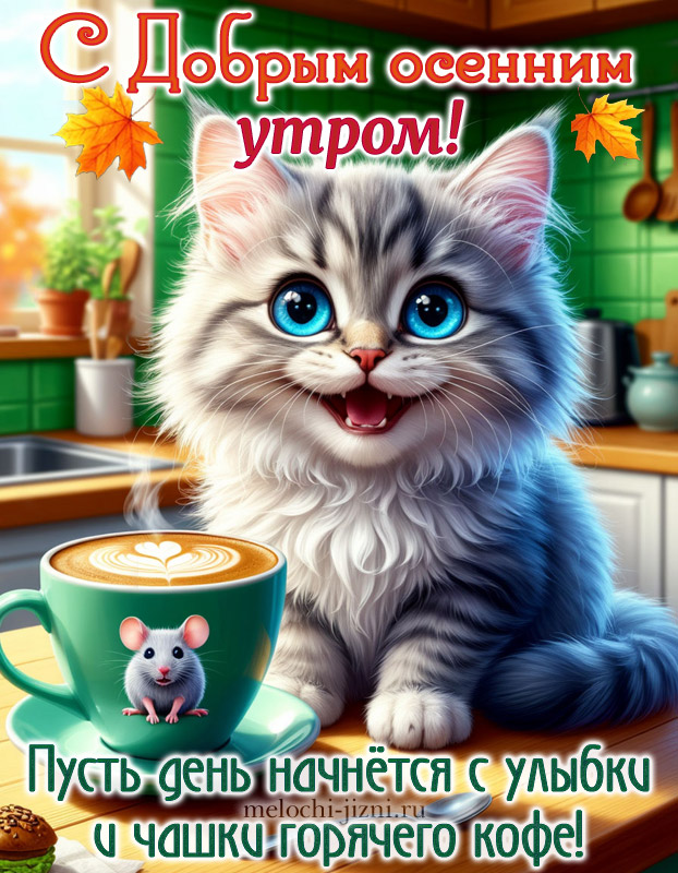 открытка с добрым осенним утром с котиком, пусть день начнется с улыбки и чашечки горячего кофе