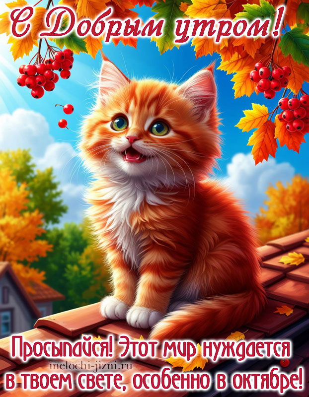 Красивая открытка с добрым утром октября с котиком, с пожеланием просыпайся, этот мир нуждается в твоем свете