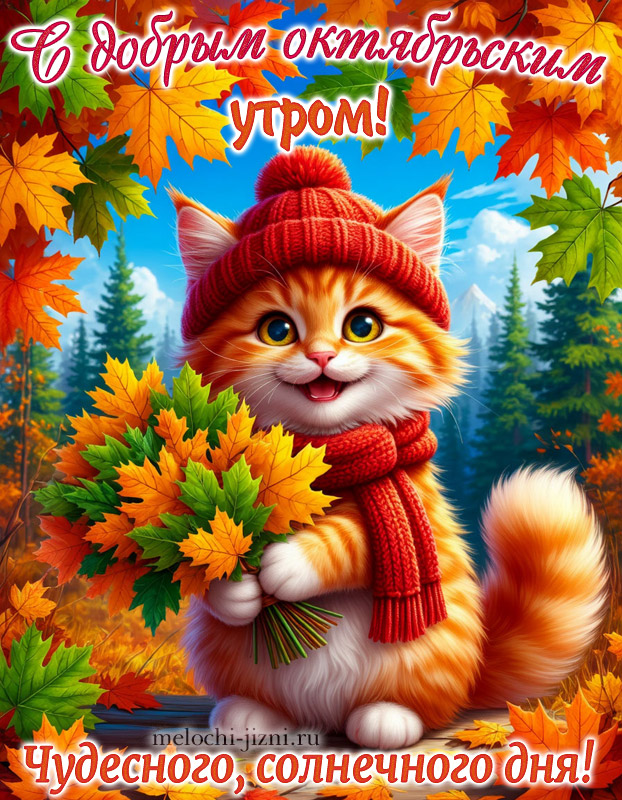 Красивая открытки с добрым октябрьским утром и днем с котиком, с пожеланием чудесного солнечного дня