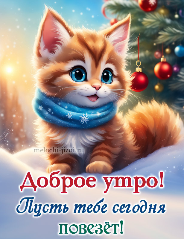скачать красивые открытки с добрым зимним утром, с котиком