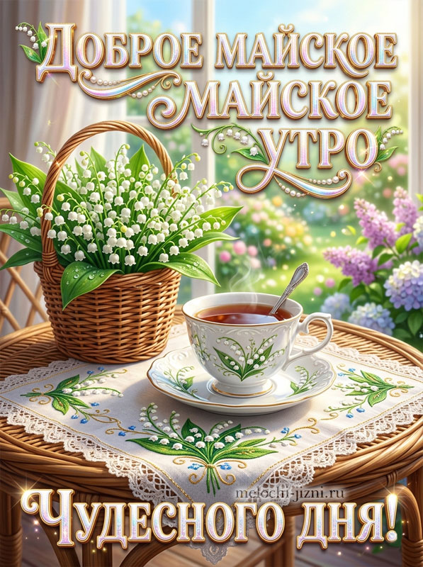 Открытка с добрым майским утром и днем, картинка с чашкой чая и букетом ландышей в корзине