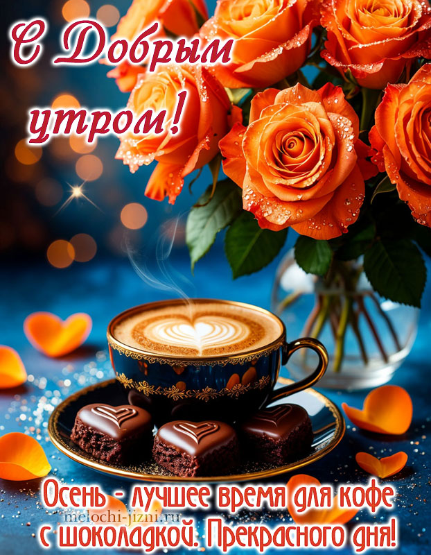 открытка с добрым утром осенняя с пожеланием: осень лучшее время для кофе с шоколадкой. Прекрасного дня