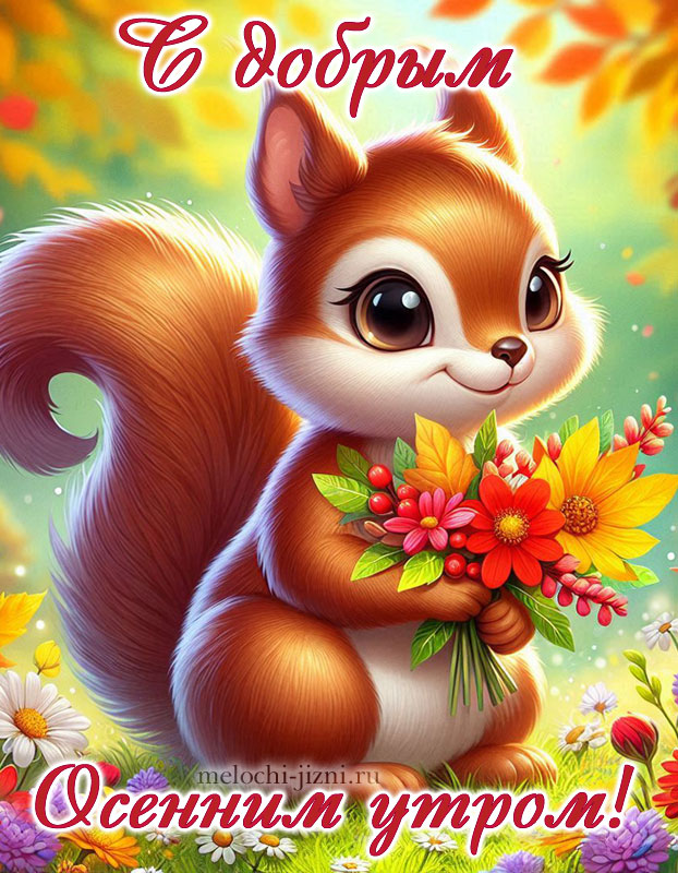 открытка с добрым осенним утром с белкой и цветами