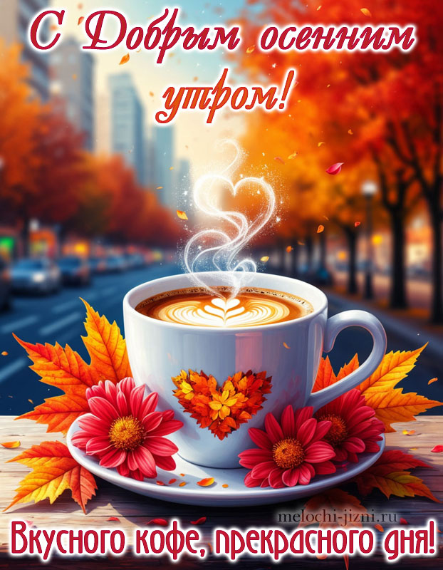 открытка с добрым осенним утром с пожеланием: вкусного кофе, прекрасного дня
