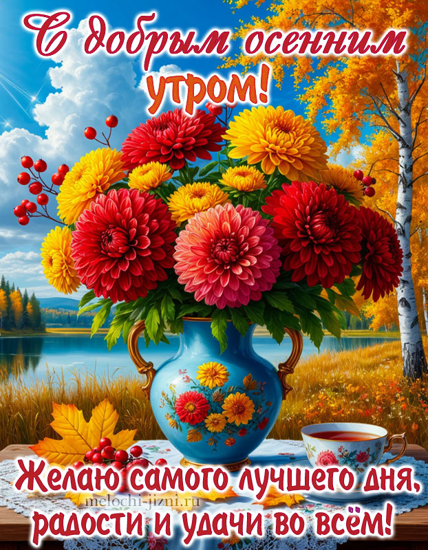открытка с добрым осенним утром с пожеланием: желаю самого лучшего дня, радости и удачи во всем